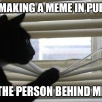 Cat peeking through window | ME MAKING A MEME IN PUBLIC; THE PERSON BEHIND ME | image tagged in cat peeking through window | made w/ Imgflip meme maker