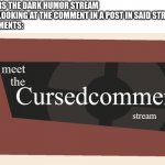 Meet the cursed comments stream (by ninjakiller111113) | ME: ENTERS THE DARK HUMOR STREAM
ALSO ME LOOKING AT THE COMMENT IN A POST IN SAID STREAM
THE COMMENTS: | image tagged in meet the cursed comments stream by ninjakiller111113 | made w/ Imgflip meme maker