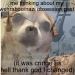 not good | me thinking about my wehraboo/nazi obsession past; (it was cringe as hell thank god I changed) | image tagged in ptsd chihuahua | made w/ Imgflip meme maker