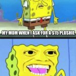 “Sighs” WHYYYYYYYYYYY?! | MY MOM WHEN I ASK FOR A $15 PLUSHIE; MY MOM BUYING $680 CONCERT TICKETS | image tagged in spongebob money | made w/ Imgflip meme maker