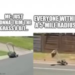 Crashing Lawnmower | ME: JUST GONNA TRIM THE GRASS A BIT... EVERYONE WITHIN A 5-MILE RADIUS: | image tagged in crashing lawnmower,funny,meme,good morning,look at me | made w/ Imgflip meme maker