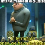I can't keep up with classes, Imgflip, and my job :( | ME AFTER FINALLY PAYING OFF MY COLLEGE DEBT; In terms of money, we have no money | image tagged in in terms of money we have no money | made w/ Imgflip meme maker