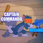 Battle of the Capcom characters | CAPTAIN COMMANDO; RYU; MEGAMAN | image tagged in tom and jerry 3 way brawl | made w/ Imgflip meme maker