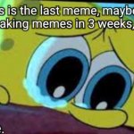 bye everybody. | This is the last meme, maybe i'll back making memes in 3 weeks, salam. By me. | image tagged in crying spongebob,sad,crying,depressed | made w/ Imgflip meme maker