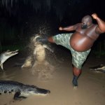 man kicking alligator