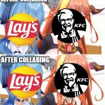 KFC x Lay's - before and after... | BEFORE COLLABING; AFTER COLLABING | image tagged in hololive,lays chips x kfc,suisei and coco,company collab | made w/ Imgflip meme maker