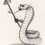 A snake holding a musket with its mouth and carrying a stick wit