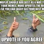 Imgflip Add This | IMGFLIP SHOULD ADD BEST AS A WAY TO SORT YOUR MEMES. MORE UPVOTES THE HIGHER IT IS SO YOU CAN EASILY SEE YOUR BEST MEME; UPVOTE IF YOU AGREE | image tagged in flooding thumbs up,imgflip,upvote if you agree | made w/ Imgflip meme maker