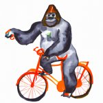 A refined scholarly gorilla riding an orange bicycle meme