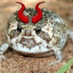 Froggo with some cheap plastic devil horns from Spirit Halloween | image tagged in froggo,dragonz,halloween,hehehe | made w/ Imgflip meme maker