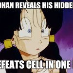 Another Ai Generated meme, not made by me | WHEN GOHAN REVEALS HIS HIDDEN POWER; AND DEFEATS CELL IN ONE PUNCH | image tagged in shocked videl template,gohan,videl,memes,dragon ball,dragon ball z kai | made w/ Imgflip meme maker