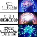 Expanding brain 3 panels | YOU ARE FIRED; YOU'RE BEING LET GO; YOU HAVE BEEN PROMOTED TO CUSTOMER | image tagged in expanding brain 3 panels | made w/ Imgflip meme maker