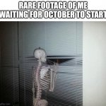 Spoopy time | RARE FOOTAGE OF ME WAITING FOR OCTOBER TO START | image tagged in skeleton looking out window,halloween,spoopy,spooktober | made w/ Imgflip meme maker
