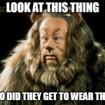 The heck- | LOOK AT THIS THING; WHO DID THEY GET TO WEAR THAT? | image tagged in cowardly lion | made w/ Imgflip meme maker