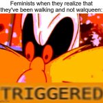 Bro | Feminists when they realize that they've been walking and not walqueen: | image tagged in triggered robotnik,funny | made w/ Imgflip meme maker