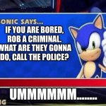 Sonic Says | IF YOU ARE BORED, ROB A CRIMINAL. WHAT ARE THEY GONNA DO, CALL THE POLICE? UMMMMMM........ | image tagged in sonic says | made w/ Imgflip meme maker