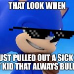 Light skin sonic boom | THAT LOOK WHEN; YOU JUST PULLED OUT A SICK BURN ON THAT KID THAT ALWAYS BULLIES YOU | image tagged in sonic meme | made w/ Imgflip meme maker