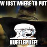 Harry Potter sorting hat | I KNOW JUST WHERE TO PUT YOU.. HUFFLEPUFF! | image tagged in harry potter sorting hat | made w/ Imgflip meme maker