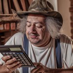 White old crazy farmer doing calculations