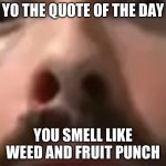 Close up moist | YO THE QUOTE OF THE DAY; YOU SMELL LIKE WEED AND FRUIT PUNCH | image tagged in close up moist | made w/ Imgflip meme maker