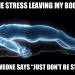 Leaving my body | THE STRESS LEAVING MY BODY; WHEN SOMEONE SAYS “JUST DON’T BE STRESSED!” | image tagged in leaving my body | made w/ Imgflip meme maker