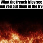 fry | What the french fries see when you put them in the fryer: | image tagged in fire burning everywhere,french fries,pov | made w/ Imgflip meme maker