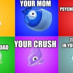 Family tree | YOU; YOUR MOM; YOUR PSYCHOPATHIC FRIEND; YOUR CRUSH; THE PEOPLE IN YOUR BASEMENT; YOUR CRUSH'S DAD | image tagged in do you remember these,family tree,memes,fish out of water | made w/ Imgflip meme maker