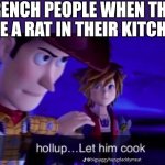 French people when they see a rat | FRENCH PEOPLE WHEN THEY SEE A RAT IN THEIR KITCHEN | image tagged in holl up let him cook,rat,remy,french people | made w/ Imgflip meme maker