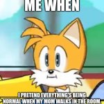 Tails hold up | ME WHEN; I PRETEND EVERYTHING'S BEING NORMAL WHEN MY MOM WALKS IN THE ROOM. | image tagged in tails hold up | made w/ Imgflip meme maker