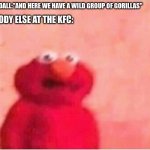 Sickened elmo | EVERYBODY ELSE AT THE KFC:; JANE GOODALL:"AND HERE WE HAVE A WILD GROUP OF GORILLAS" | image tagged in sickened elmo | made w/ Imgflip meme maker
