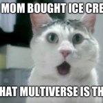 whar? | MY MOM BOUGHT ICE CREAM; WHAT MULTIVERSE IS THIS | image tagged in memes,omg cat | made w/ Imgflip meme maker