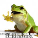 How 'bout no frog | NO,  THANKS. IF YOU MUST KISS ME TO TURN ME INTO A PRINCE; I RATHER STAY AS A FROG. | image tagged in how 'bout no frog | made w/ Imgflip meme maker