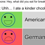 Wait WHAT THE HELL DID YOU EAT??! | Someone: Hey, what did you eat for breakfast? Me: Uhh… I ate a kinder chcolate; Americans; Germans | image tagged in the good and the bad,memes,funny,germany,breakfast,chocolate | made w/ Imgflip meme maker