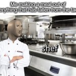 Gordan Ramsay over here | Me making a meal out of everything that has fallen from the taco: | image tagged in meme man shef,chef gordon ramsay,chef,skill,taco,lol | made w/ Imgflip meme maker