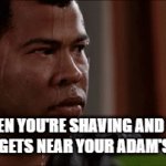 my mind is like, IT'S GONNA RIP OPEN AND BLEED OUT IF YOU DON'T STOP!1! | WHEN YOU'RE SHAVING AND THE RAZOR GETS NEAR YOUR ADAM'S APPLE | image tagged in gifs,relatable,tbh,life | made w/ Imgflip video-to-gif maker