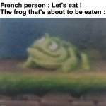 Oop | French person : Let's eat !
The frog that's about to be eaten : | image tagged in memes,funny,relatable,frog,front page plz | made w/ Imgflip meme maker