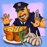 Man defending his garlic bread from the garlic police