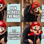 L mario (still my favorite video game character) | RUN ACROSS THE MAP; GO TO BOWSERS CASTLE AND SAVE PEACH; GET AMBUSHED UNEXPECTEDLY BY BOWSER; LOSE THE GAME | image tagged in gru's plan,mario | made w/ Imgflip meme maker