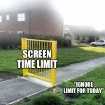 Useless Gate | SCREEN TIME LIMIT; “IGNORE LIMIT FOR TODAY” | image tagged in useless gate,memes,funny,relatable | made w/ Imgflip meme maker