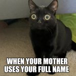 black cat oh no V2 | WHEN YOUR MOTHER USES YOUR FULL NAME | image tagged in black cat oh no v2 | made w/ Imgflip meme maker