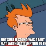 Not sure if- fry | NOT SURE IF SOUND WAS A FART OR A FLAT EARTHER ATTEMPTING TO THINK. | image tagged in not sure if- fry | made w/ Imgflip meme maker