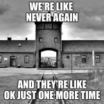 Never Again | WE'RE LIKE 
NEVER AGAIN; AND THEY'RE LIKE
OK JUST ONE MORE TIME | image tagged in aushwitz,never again,jews | made w/ Imgflip meme maker