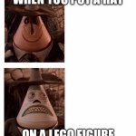 This problem occurs quite a bit | WHEN YOU PUT A HAT; ON A LEGO FIGURE | image tagged in mayor nightmare before christmas two face comparison | made w/ Imgflip meme maker