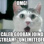 check it urself ;) | OMG! CALEB GOOBAN JOIND MY STREAM! "UNLIMITEDFUNN! | image tagged in memes,omg cat | made w/ Imgflip meme maker