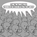 npc-crowd | I AM THE ONLY FREE THINKER IN A WORLD FULL OF SHEEP | image tagged in npc-crowd | made w/ Imgflip meme maker