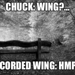 Chuck Meets Discorded Wing | CHUCK: WING?…; DISCORDED WING: HMPH…. | image tagged in black and white bench | made w/ Imgflip meme maker