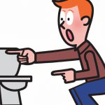 A man pointing at a toilet while suprised