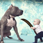 Baby with a sword fighting a giant pitbull