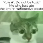 Oops | "Rule #1: Do not be toxic"
Me who just ate the entire radioactive waste: | image tagged in bombastic side eye cat,funny | made w/ Imgflip meme maker
