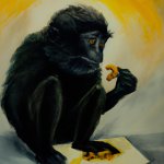 Big black monkey eating chicken nugget